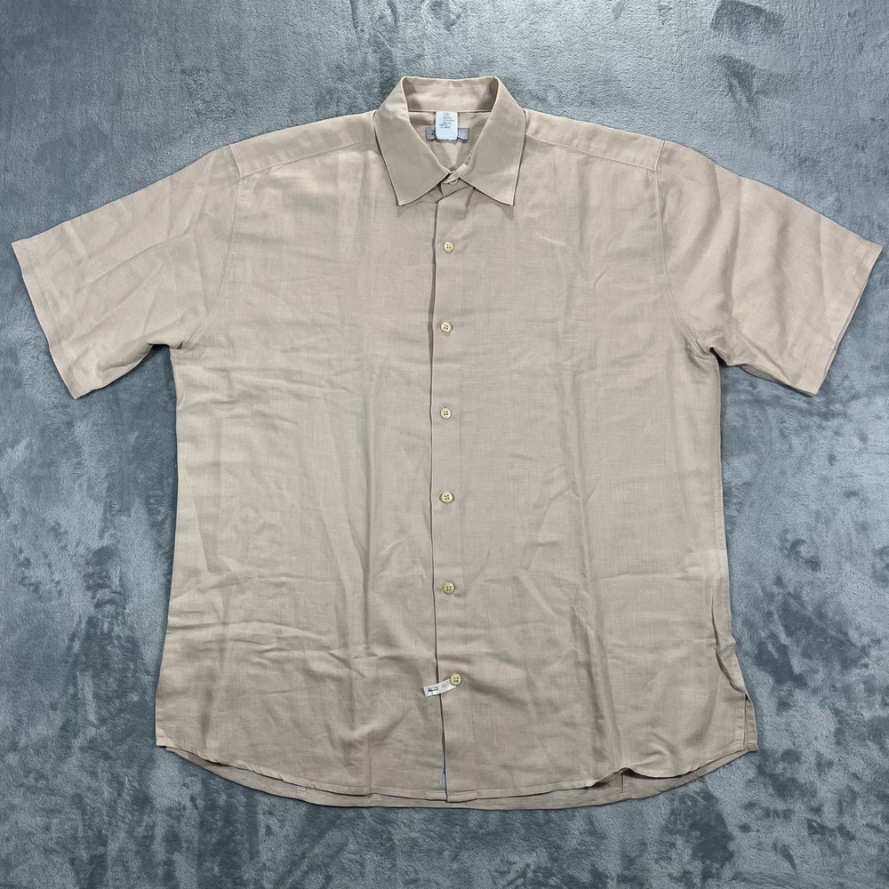Zegna Sport Men XL Tan Linen Cotton Short Sleeve Button Up Shirt Solid Relaxed